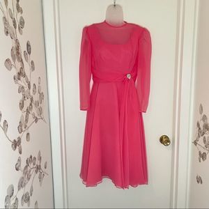 Vintage 1950s hot pink long sleeve cocktail dress, brooch at waist, unbranded
